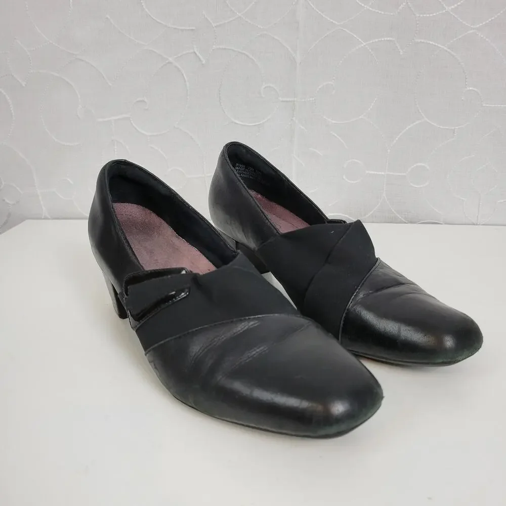 Clarks Womens Shoes Size 7.5 Black Leather Sugar Spice Heeled Slip On Pumps